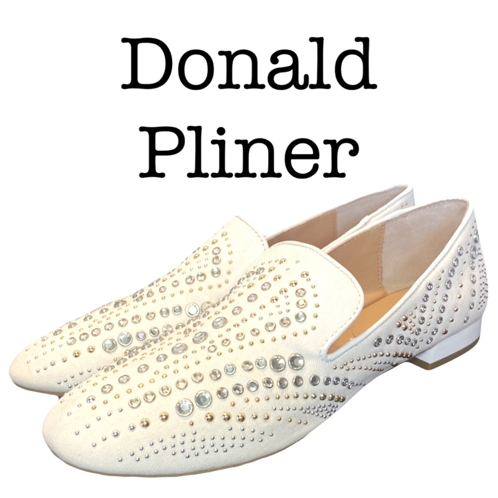 New Donald Pliner Totim Off White Crystal Embellished Canvas Loafers Size 6.5